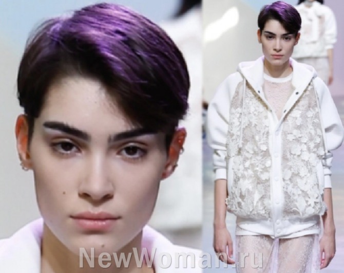 новинки женских стрижек 2023 года от стилистов модных домов - женская стрижка асимметрия на волосах сливового цвета с сиреневым отливом
