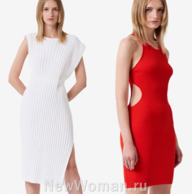 дизайнерские трикотажные платья белого и красного цвета с вырезами и разрезами - фото моделей с подиума на сезон Лето 2023