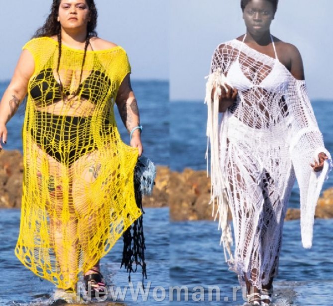 пляжные платья для пышек сезона лето 2023 года - сетчатые прозрачные платья-туники желтого и белого цвета