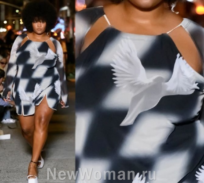 короткое летнее платье 2023 года с изображением птиц, с разрезами на подоле и вырезами на груди для полной девушки - фото с модных показов