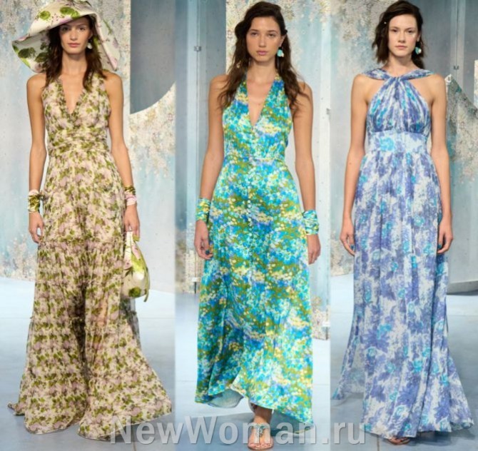фото летних платьев макси длины с цветочным рисунком - модели с миланского подиума 2023 года