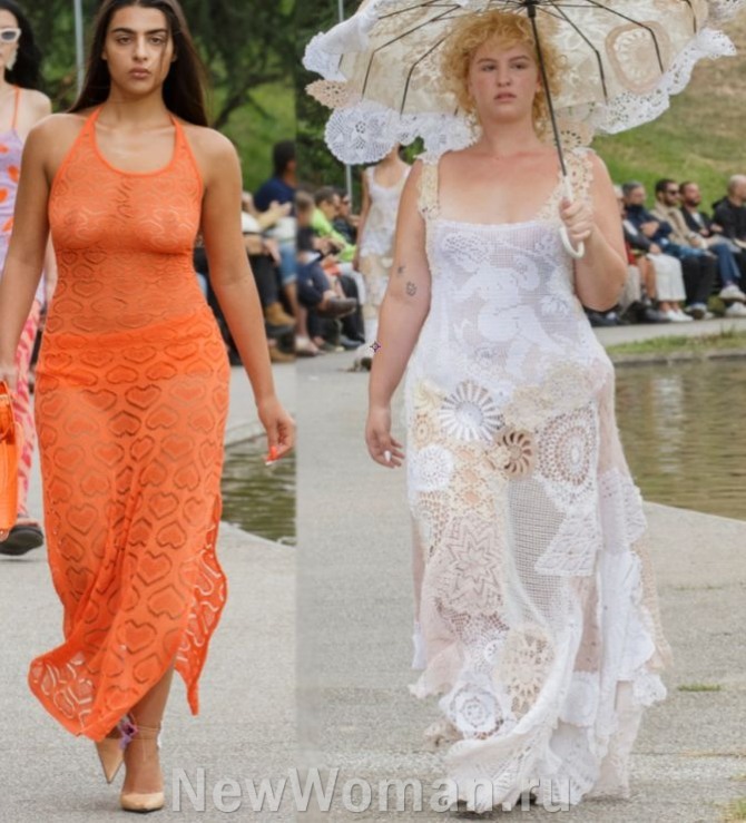 красивые вечерние модели длинных платьев для полных женщин из кружевного полотна - морковного и белого цвета - Marco Rambaldi SPRING 2023 READY-TO-WEAR, Миланская Неделя моды