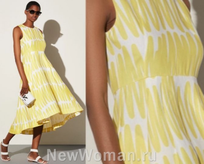 модное летнее платье на каждый день в желто-белой цветовой гамме, Длина миди, завышенная талия, пышная юбка. Милан, подиум весна-лето 2023