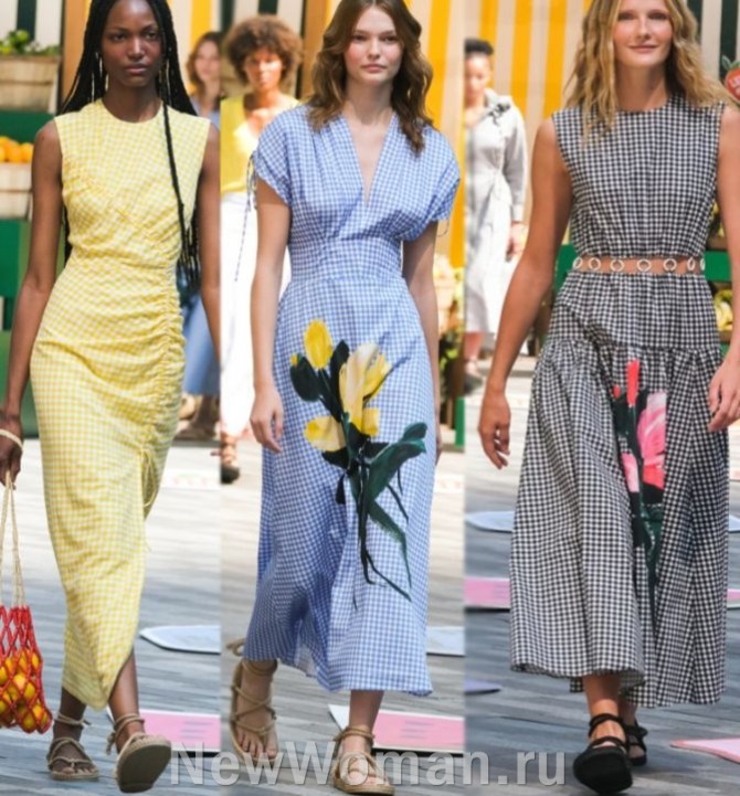 уличная повседневная мода Лето 2023 - платья длиною мидакси из хлопка с клетчатым двухцветным принтом виши, с драпировкой и крупными аппликациями на подоле