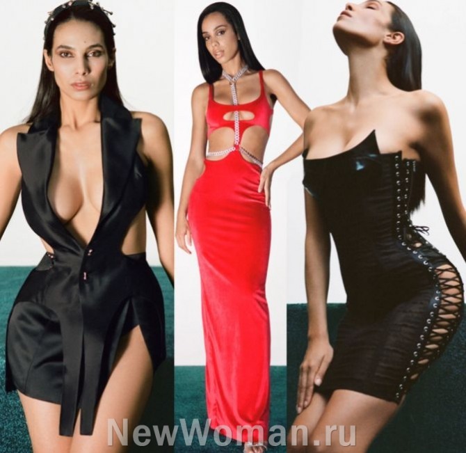 новинки летних вечерних дизайнерских платьев 2023 года, максимально обнажающих женское тело - нарядные модели из черного, красного сатина и трикотажа
