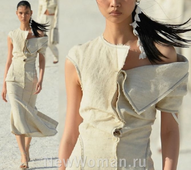 льняное летнее миди платье 2023 с асимметричным воротником и плечами, приталенное, с юбкой годе,