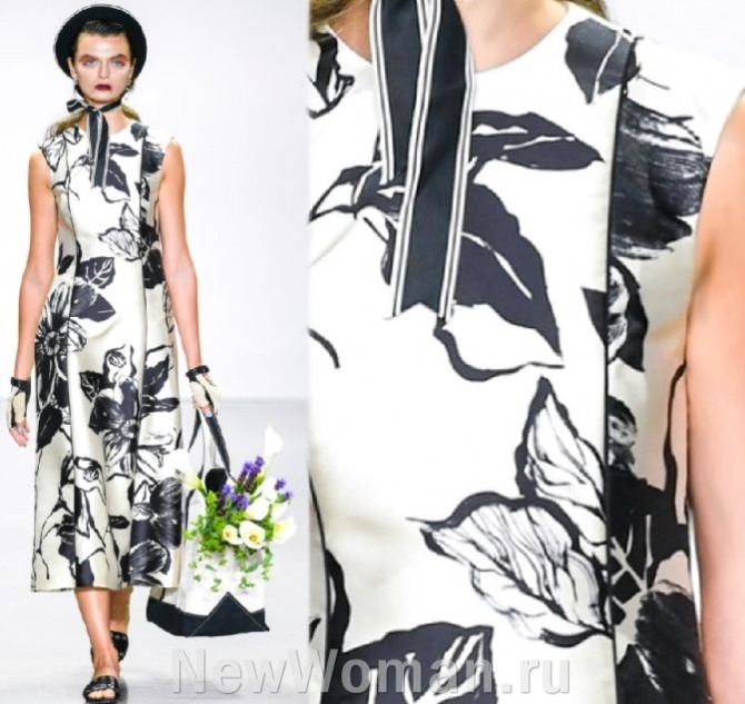 летняя мода 2023 для женщины 60-65 лет, элегантное приталенное цельнокроеное белое платье без рукавов с крупным черным цветочным рисунком