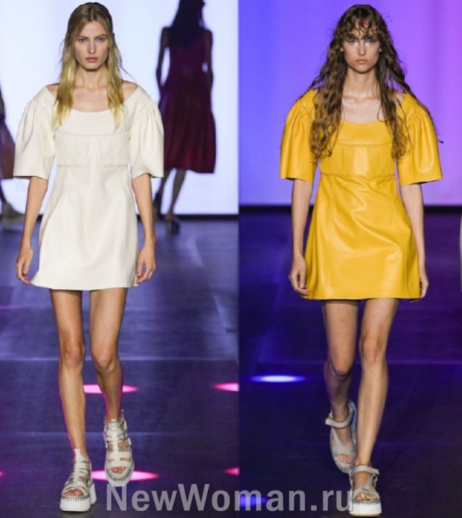 новинки модных летних коротких платьев 2023 для стройных девушек с Парижской Недели моды - рукава-фонарики, овальное декольте