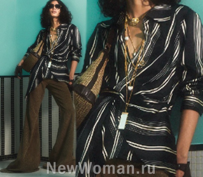высокая мода 2024 и женская полосатая черно-белая блузка навыпуск от французского дома Бальман 