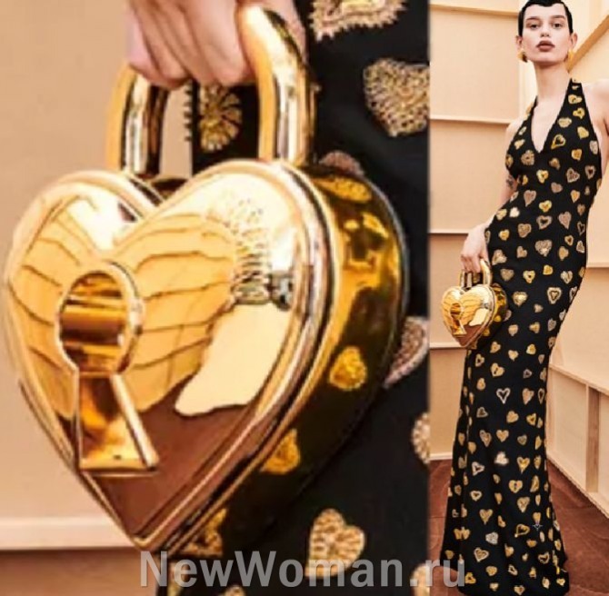 сумочка-минодьер в форме сердца, самые модные сумки к вечернему платью 2024 года - минодьер золотого цвета, вечерний аксессуар-сумочка с жестким корпусом