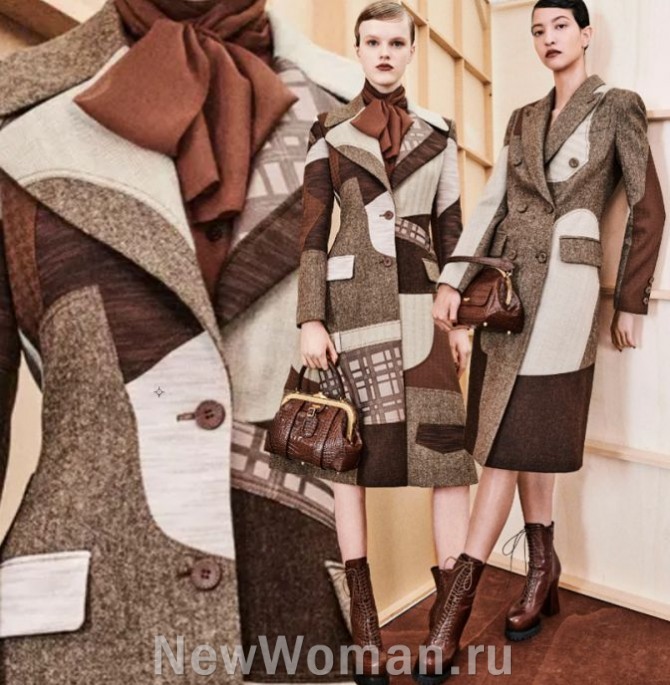 модные женские демисезонные пальто 2024 года - лоскутное шитье, пэчворк, длина до колена, силуэт приталенный - мода Италии 