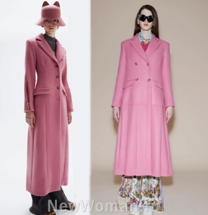 фото моделей розовых шерстяных пальто 2024 года для девушек длиною миди и мидакси - м двубортной и однобортной застежкой классического приталенного силуэта от итальянского бренда Vivetta