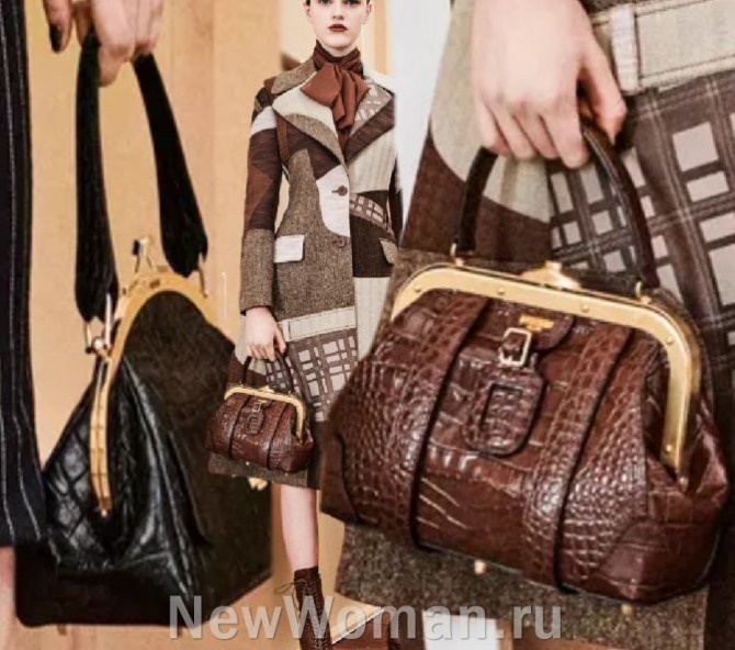 главные тренды в моде на женские сумки 2024 года - сумка-фрейм, металлическая рамка-каркас, застежка фермуар, кожа с тиснением