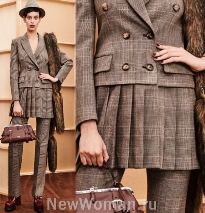 тенденции 2024 года в моде на женский деловой брючный костюм, совмещенный с юбкой в складку - Италия