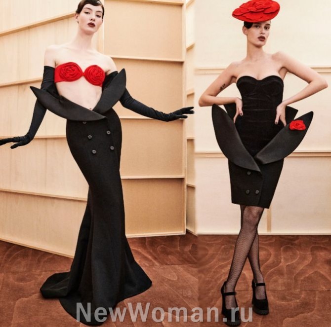 экстравагантные женские наряды, платья для красной дорожки в 2024 году - смогинг, трансформированный в юбку - луки из коллекции Moschino (Италия) 