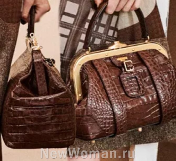 брендовые женские сумки 2024 года - женский саквояж с жесткой металлической рамкой с тиснением кожа рептилий.