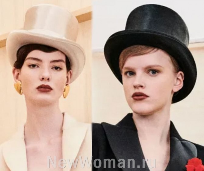 женские шляпы-цилиндры (топпер), обтянутые кремовым и черным шелком - итальянская женская мода в аксессуарах 2024 года