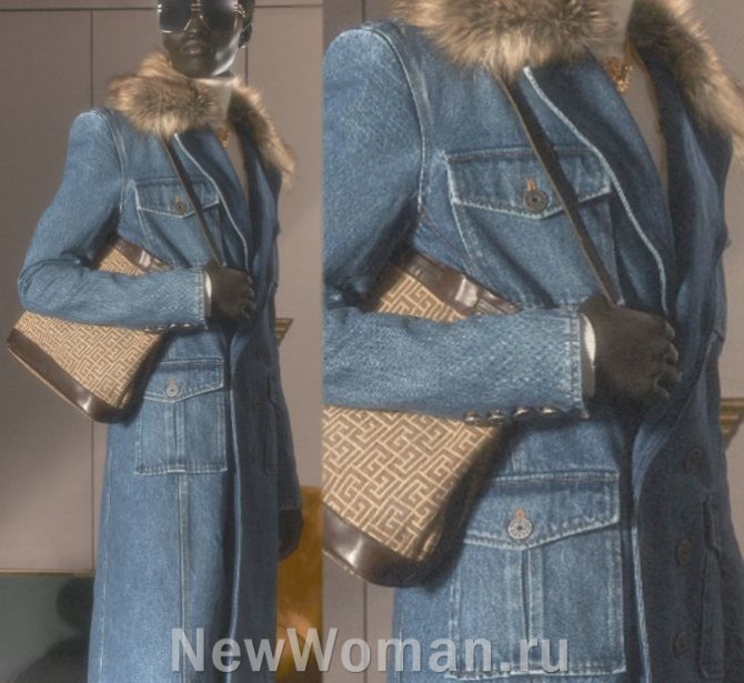 женский плащ 2024 из серо-голубой джинсовой ткани с накладными карманами и меховым воротником - фото из коллекции французского дома высокой моды Balmain