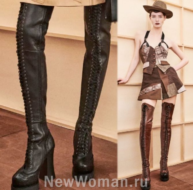 горячие тренды в мод на женские сапоги 2024 года - ботфорты со сквозной шнуровкой, платформой под носочной частью сапог, расклешенными высокими устойчивыми каблуками - женские сапоги из Италии