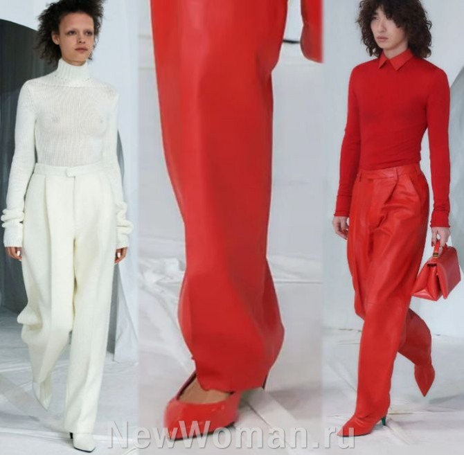 тренды женских брюк из кожи белого и красного цвета - фото с модного показа итальянского модного дома Marni  на сезон осень-зима 2024 года