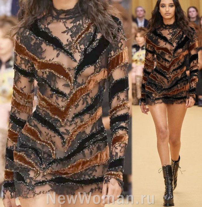 прозрачное новогоднее платье 2024 мини со стоячим воротником обтягивающего силуэта - мода Италии