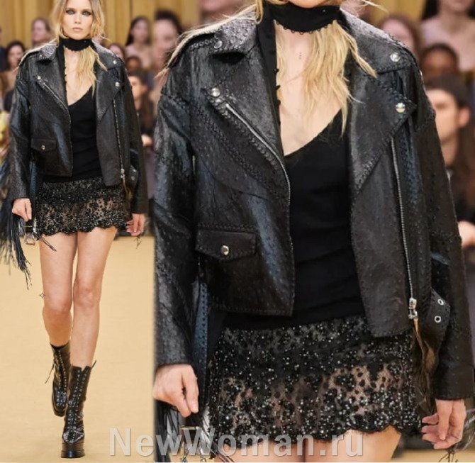 тренд в курточной женской моде 2024 - сочетание кожаной куртки-косухи с легкой, прозрачной короткой юбкой