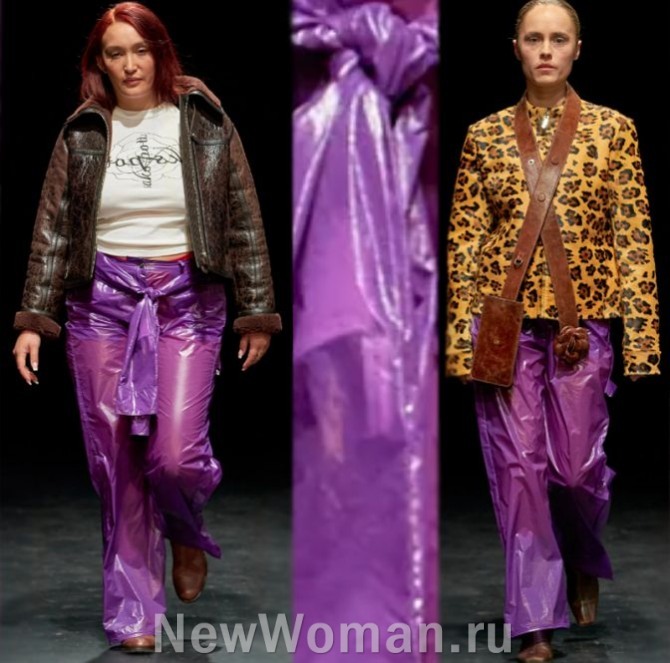 женские нейлоновые брюки свободного прямого покроя сиреневого цвета - тренды брючной моды 2024