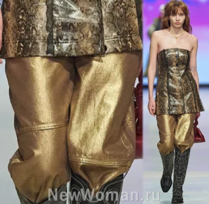 кожаные женские брюки с золотым напылением - модные показы и фото 2024 года
