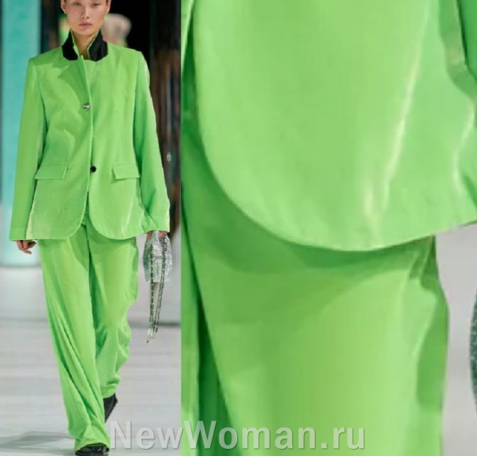женский брючный костюм из жидкого шелка неонового зеленого цвета