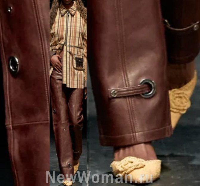 модный декор кожаных коричневых брюк 2024 года - люверсы и паты-ремешки