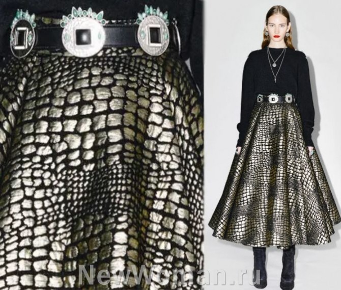 фото модных вечерних пышных юбок 2024 года - модель миди в стиле Диско из металлизированной ткани "чешуя кобры" - мода из Италии
