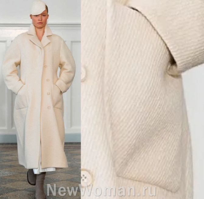женское вельветовое пальто миди цвета слоновой кости с закругленной линией рукавов и накладными карманами на бедрах - тренды 2024 года, подиум