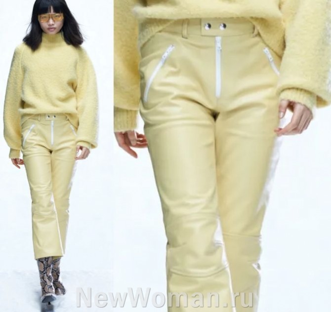 укороченные женские кожаные брюки в спортивном стиле - с нашивками на коленях, цвет - пастельно-желтый