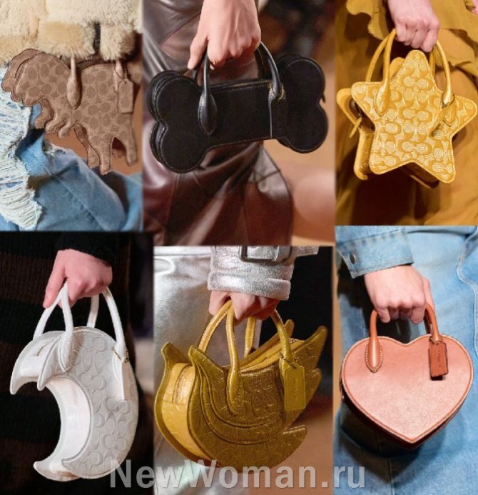 люксовые сумки от американского бренда Coach на 2024 год - фантазийные модели сумок в форме луны, связки бананов, сердца, звезды, двинозавров, собачьей косточки