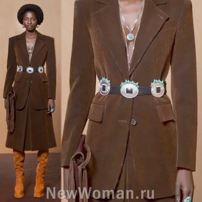 коричневый велюровый женский костюм - юбка ниже колена и удлиненный жакет - женская мода из Италии на 2024 год