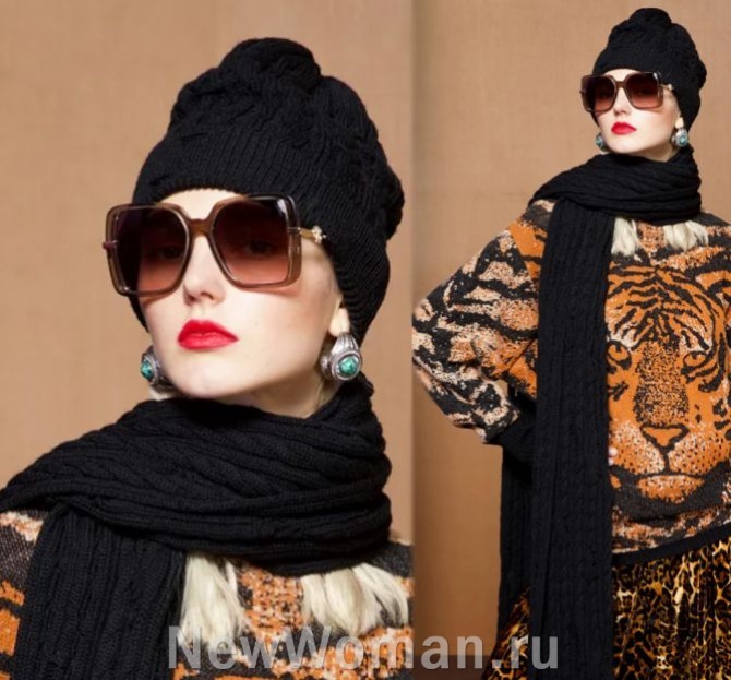 Комплект из черной шерсти: женская шапка-бини "beanie" и длинный шарф. - тренды 2024 года из Италии