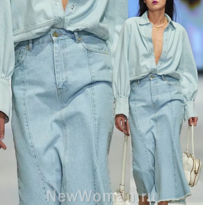 горячий тренд - юбка поношенного вида из старых джинсовых брюк в стиле 70-х - мода 2024 года