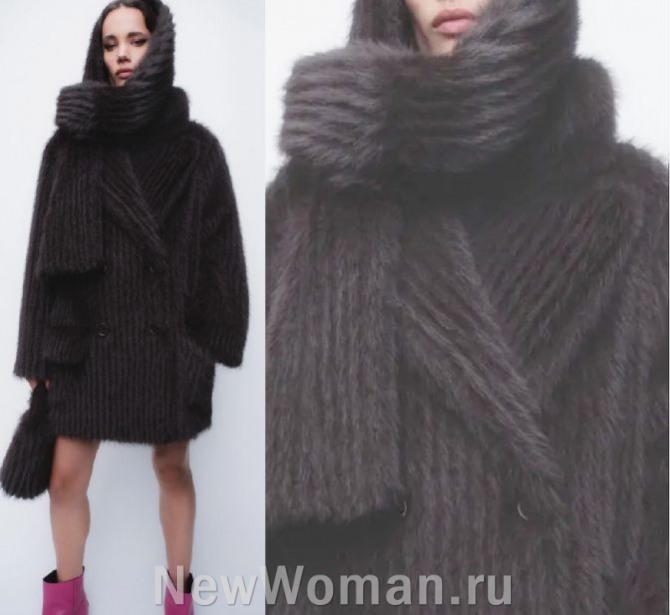 с чем носить модное вязаное короткое меховое женское пальто 2024 года