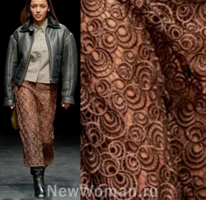 ажурная юбка коричневого цвета с имитацией макроме - длина миди, в 2024 году модно носить легкие прозрачные ажурные юбки с тяжелым верхом