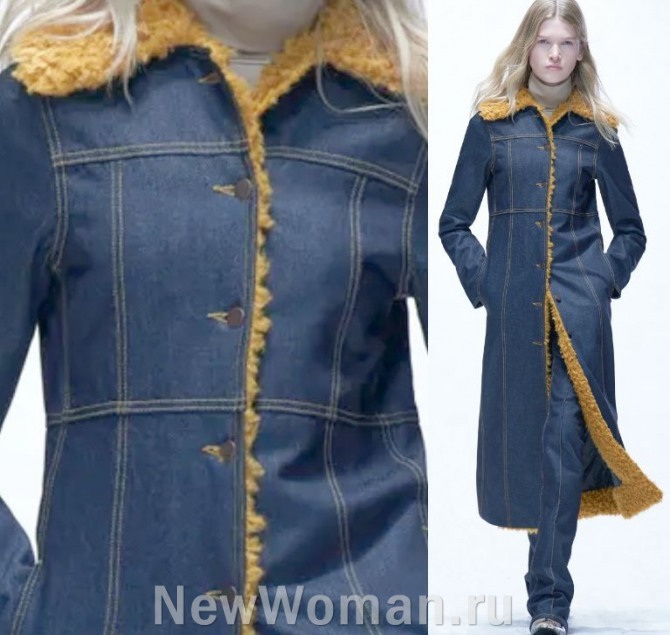 женское джинсовое пальто в стиле 70-х а меховой подкладке - мода 2024 года