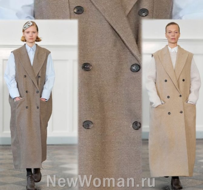 весенние женские пальто 2024 длиною мидакси цвета кофе с молоком - без рукавов, в стиле оверсайз, с двубортной застежкой на два ряда пуговиц