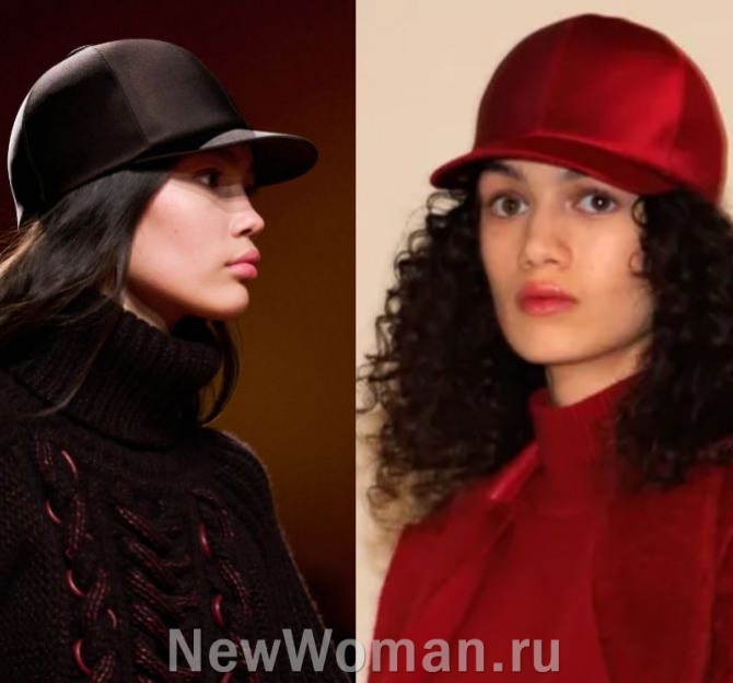 фото модных женских кепок 2024 года - шестиклинная кепка-жокейка из черного и красного атласа