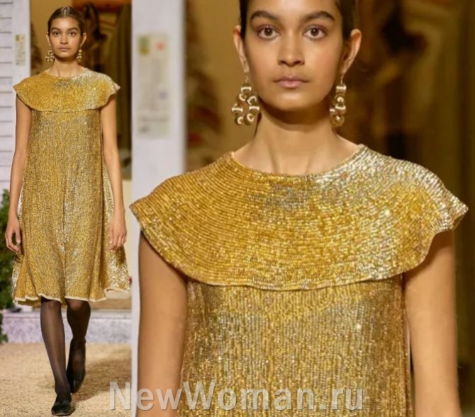 модное новогоднее ретро-платье 2024 года - из золотой ткани, до колена, с воротником-пелериной в стиле Нефертити