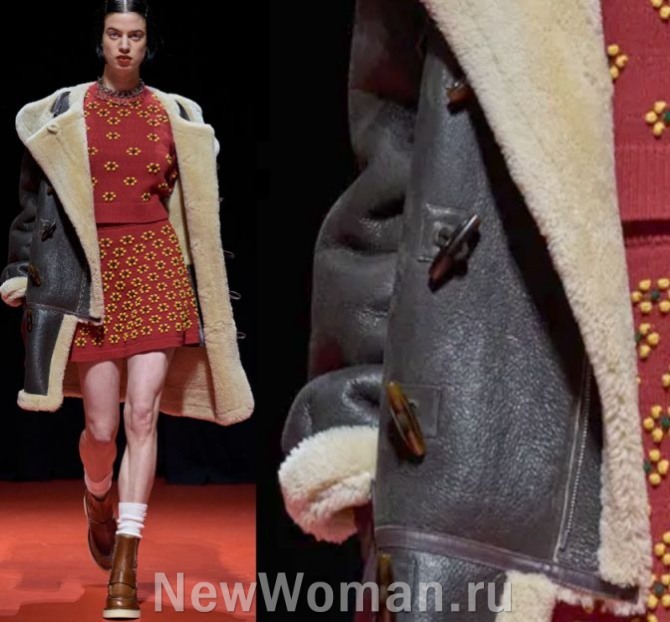 модные женские зимние пальто 2024 года - дубленка-дафлкот с капюшоном, с пуговицами "клык" и навесными петлями