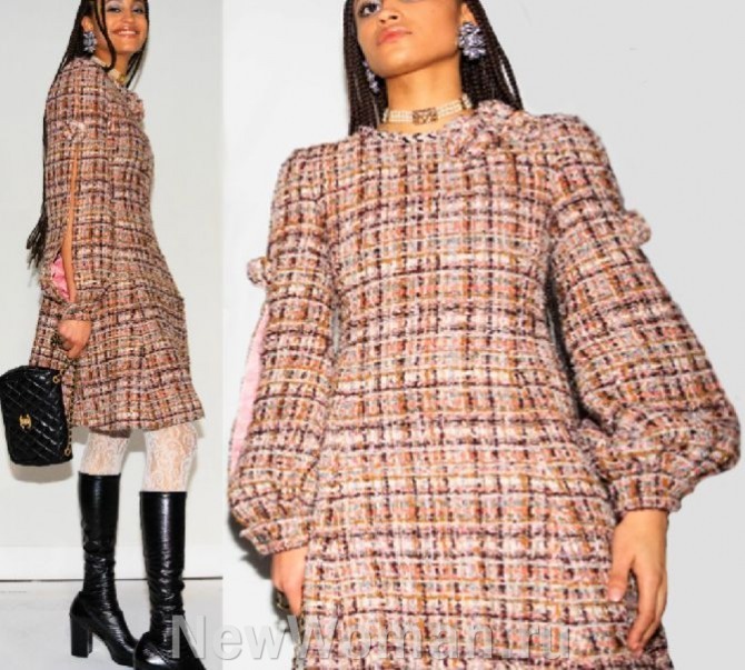 твидовое платье длиною до колена - с какими аксессуарами надеть - идеи от модного дома Шанель на 2024 год