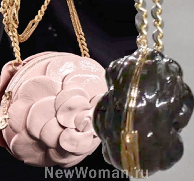 вечерние сумочки от Шанель 2024 года в форме цветка - мягкая круглая и на жестком каркасе - с цепочкой через плечо