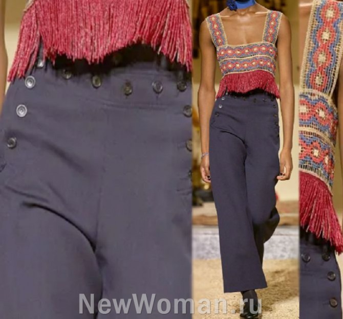 женские шерстяные прямые по всей длине брюки из Франции - длина 7/8, высокая посадка, оригинальная застежка-фартук на пуговицах, тенденции в женской одежде 2024 года