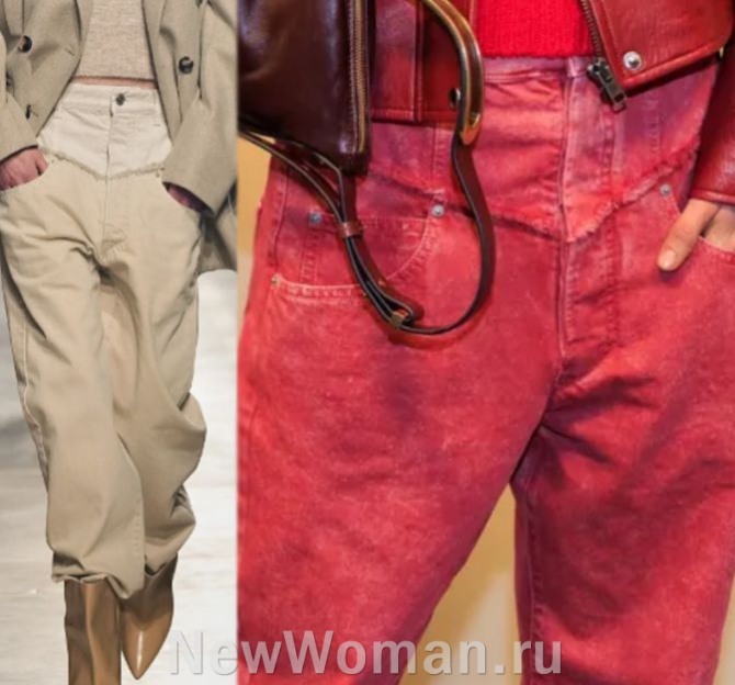 горячий тренд - женские брюки с отрезной кокеткой из джинсовой ткани - брючные тренды 2024 года из Парижа