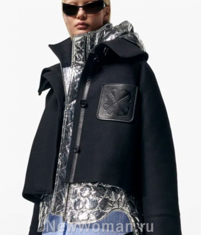 уличная мода из Италии на сезон осень-зима 2024 года - с какими женскими очками носить двухслойную куртку из черной шерсти и серебристого металлика