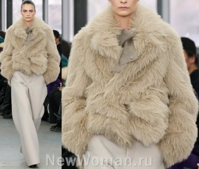 женская меховая куртка сезона осень-зима 2024 года из искусственного меха, цвет - кофе с молоком - мода из Франции